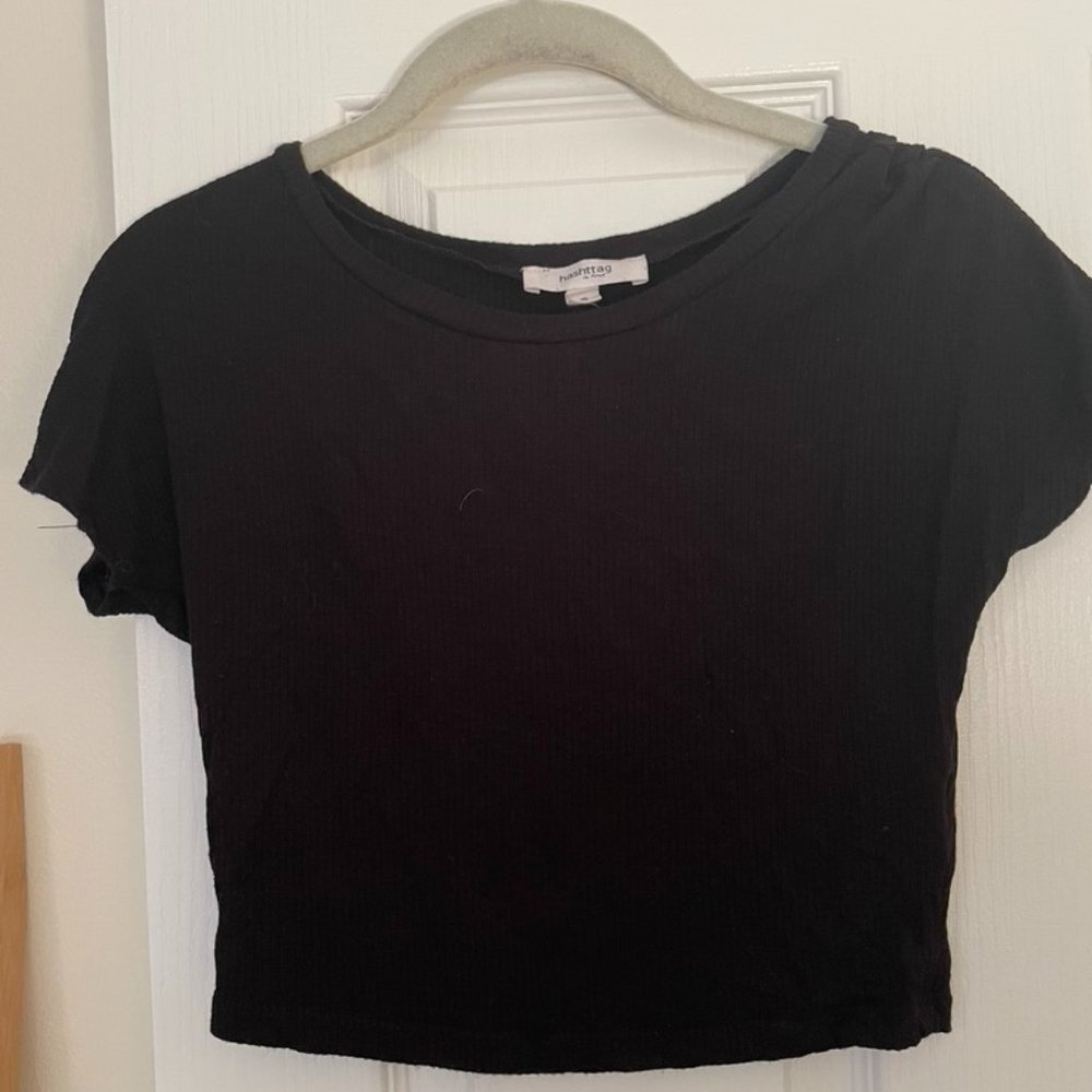 Hashtag Black Ribbed Crop Tee